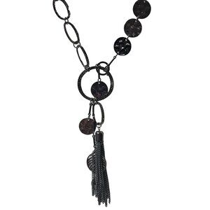 Black Metal Statement Chain Link Necklace Tassel Disk Charms Gothic Fashion